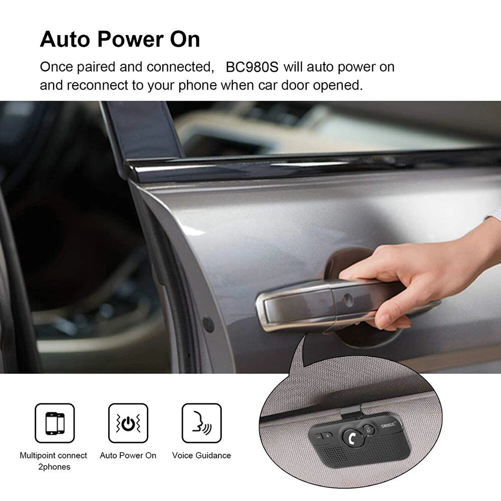 Handsfree Bluetooth Car Kit for Cell Phone, Wireless Bluetooth Speaker for Car, AUTO Power ON Support Siri Google Voice Assistant Hands Free Phone Speakerphone with Visor Clip