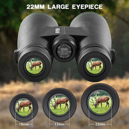 [EU Direct] ESSLNB ES3074 12X50 Binoculars Green Film FMC Waterproof Binoculars with Phone Adapter 22mm Large Eyepiece Compact Binoculars for Bird Watching Tracing