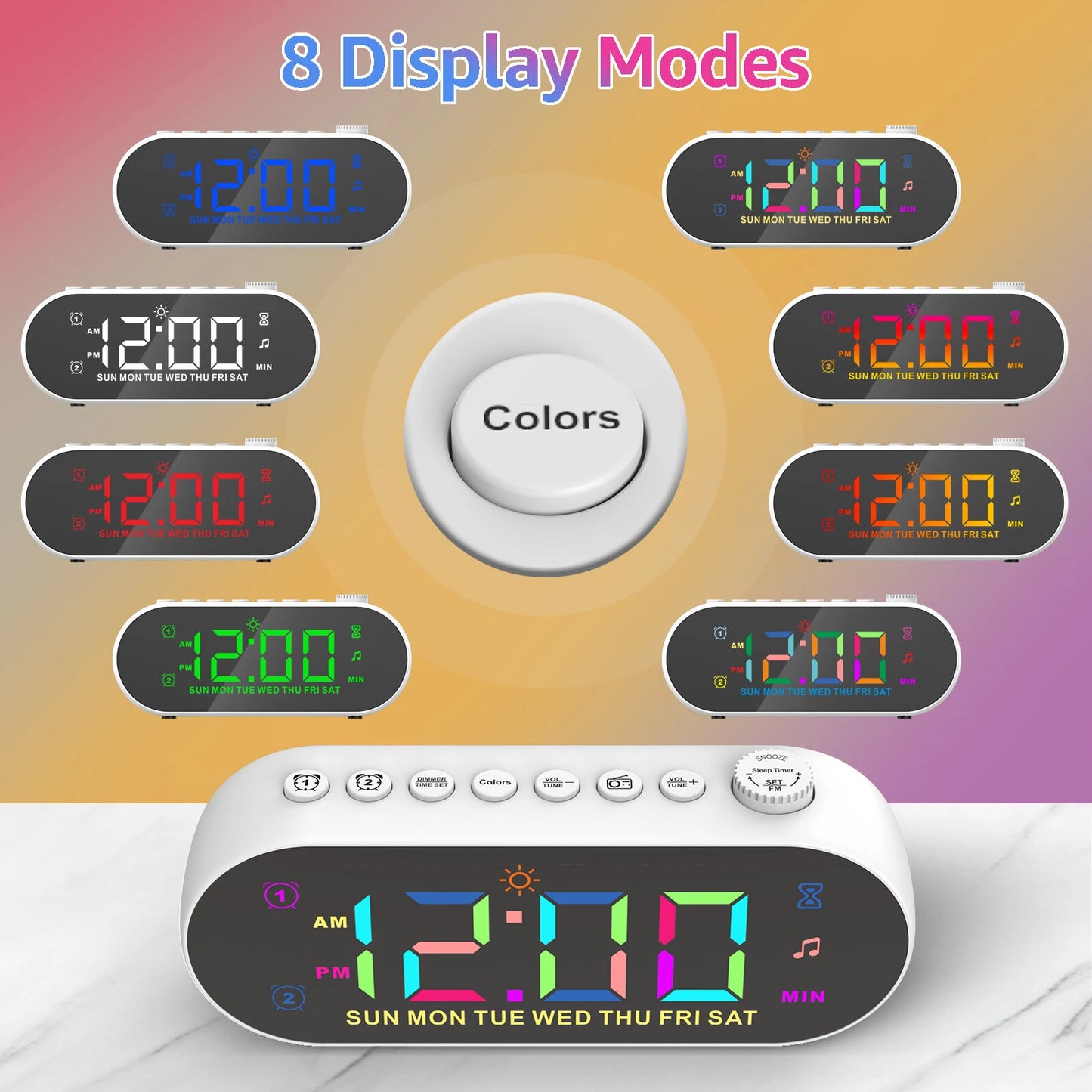 AGSIVO Multifunctional LED Digital Alarm Clock FM Radio Dual Alarm Clock with Snooze / Dynamic RGB Display / 12/24H / Date / External USB Charging For Home & Office