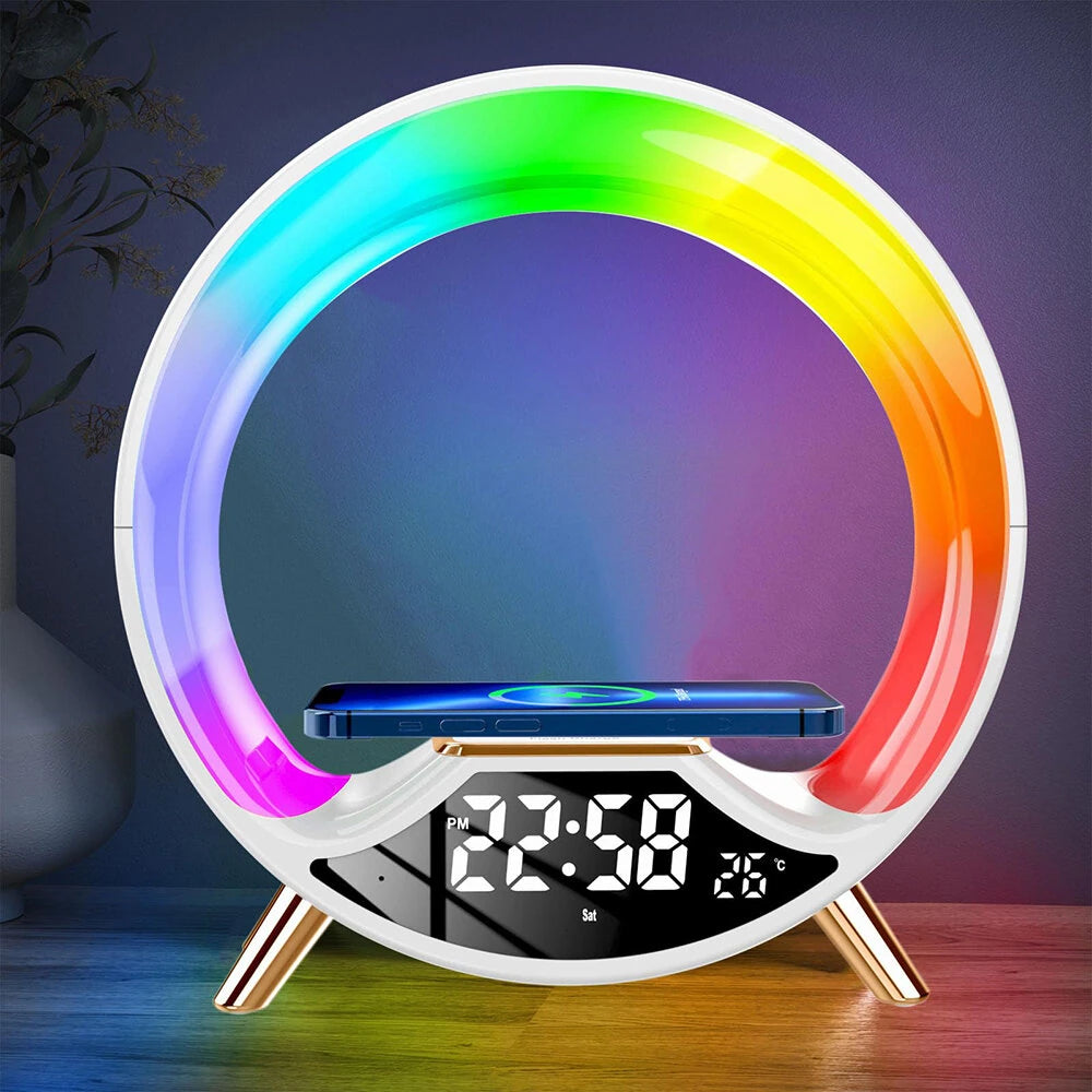 Multifunctional RGB LED Night Light Clock with Bluetooth Speaker Colorful Ambiance Lighting Wireless Charging Phone Fast Charging