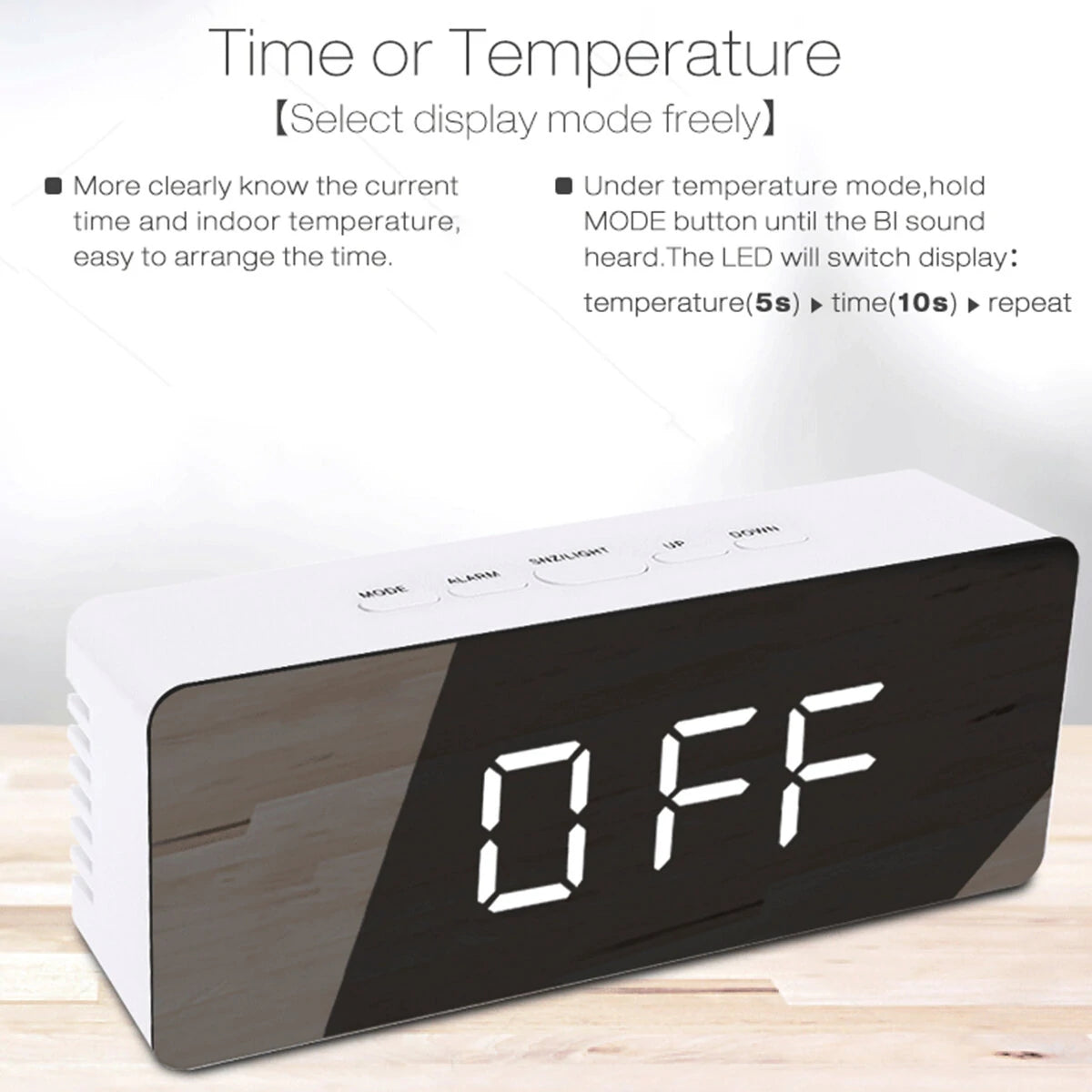 Digoo Wireless USB Mirror Alarm Clock LED Digital Therometer Temperature Night Mode Black DG-DM1
