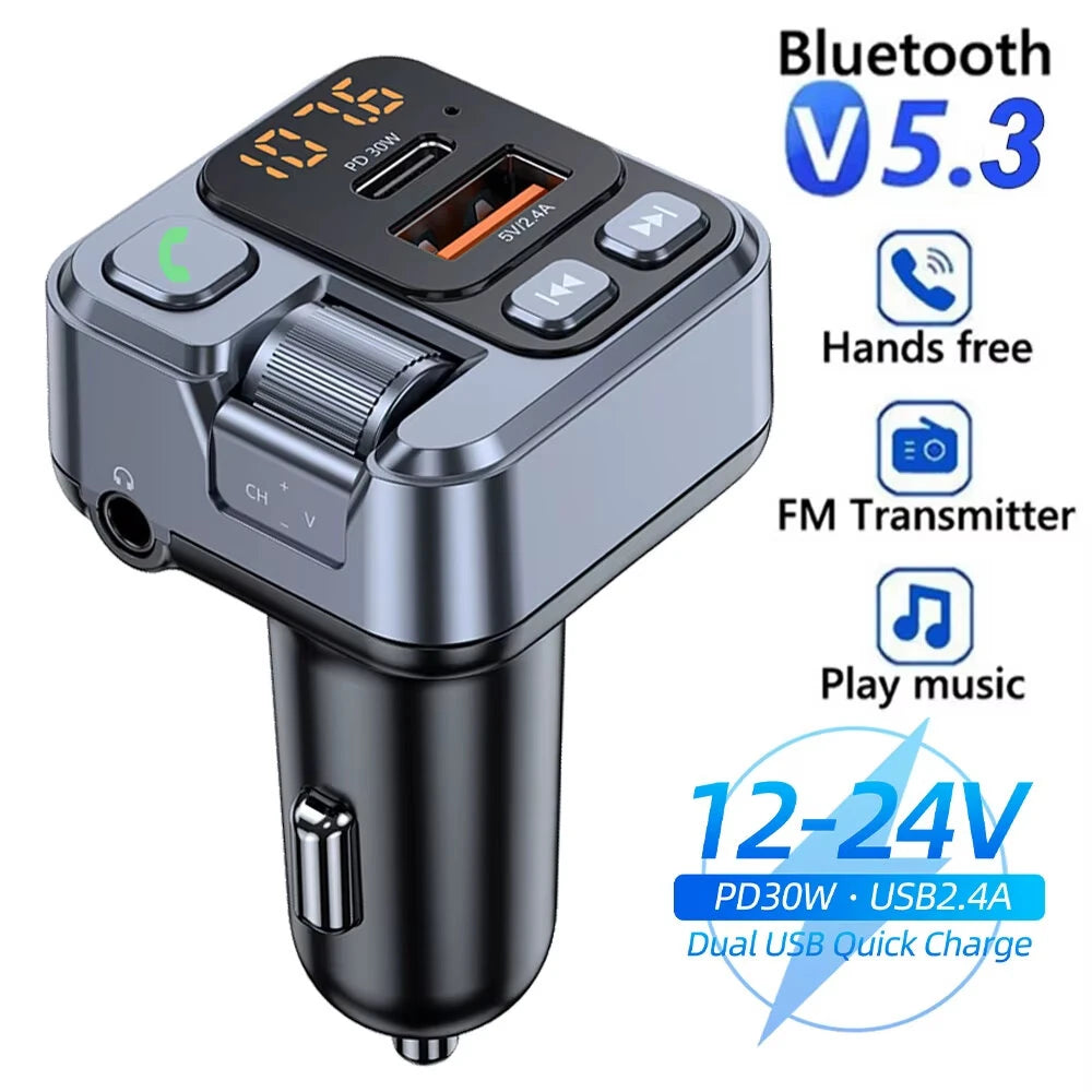 Car bluetooth Receiver USB PD30W Fast Charging Digital Display Car Mobile Phone Adapter FM Transmiter with LED Display