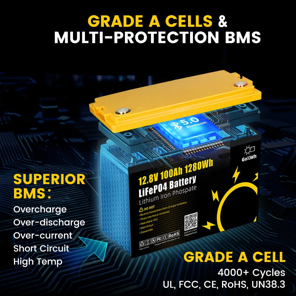 Gokwh 12V 100AH LiFePO4 Lithium Battery 1280Wh Energy Storage Box Battery Pack Series Built-in Smart bluetooth  BMS