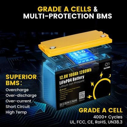 Gokwh 12V 100AH LiFePO4 Lithium Battery 1280Wh Energy Storage Box Battery Pack Series Built-in Smart bluetooth  BMS