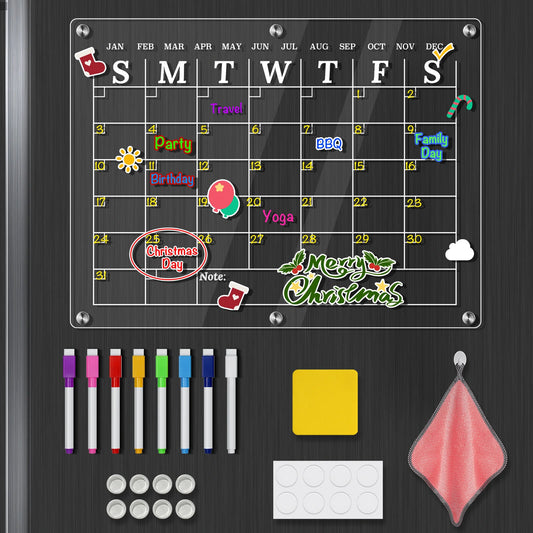 16"x12" Clear Monthly Planner Board Magnetic Acrylic Calendar for Fridge Acrylic Magnetic Dry Erase Board Calendar With 8 Magnetic Markers, Towel, Eraser, Nano Sticker, Silicone Cover