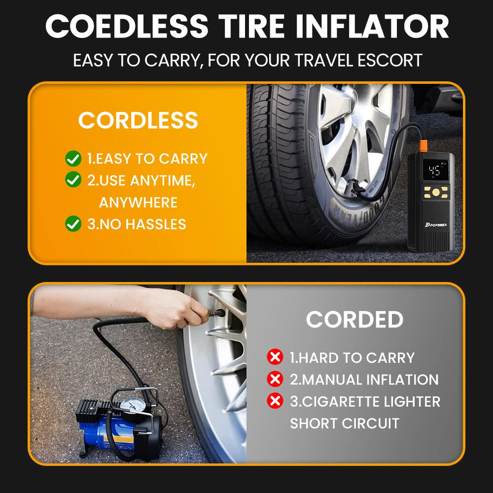 POPDEER PD-AP1 5000mAh 22.2Wh Wireless Car Air Compressor 12V 150PSI Portable Car Tire Inflator Smart Digital Inflatable Pump For Car Bicycle Boat Air Pump