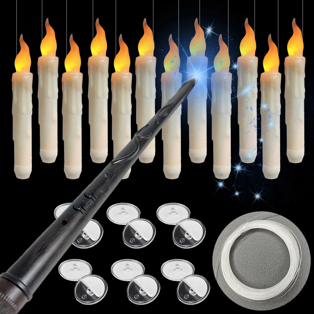Elfeland 12pc Magical Wand Remote Control Candles Flameless Floating LED Fairy Lights with Invisible Wire for Halloween Christmas Party Decor