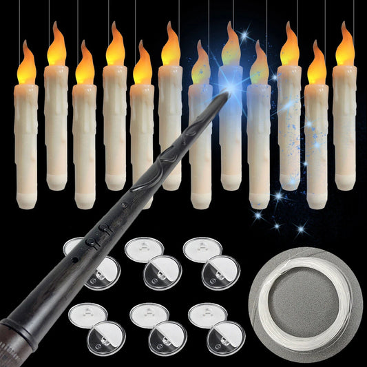 Elfeland 12pc Magical Wand Remote Control Candles Flameless Floating LED Fairy Lights with Invisible Wire for Halloween Christmas Party Decor