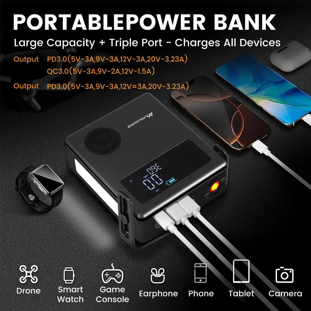 MUDIRO M-JC6 7000A Car Jump Starter with Air Compressor 150PSI PD65W Fast Charge 2 LED Lights Smart Display for Cars Motorcycles 10L Diesel Engines