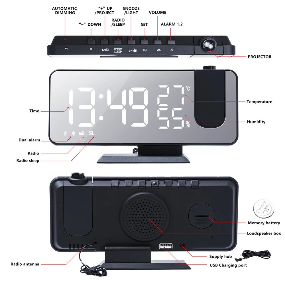 LED Mirror Alarm Clock Big Screen Temperature and Humidity Display with Radio and Time Projection Function Electronic Clock Rechargeable