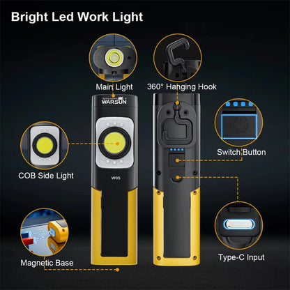 Warsun W05 USB Rechargeable Work Light with Magnetic Base, Portable Flashlight with Clip, Hook and 180 Rotation Stand Lighting for Car Repair Machine Emergency Job Site