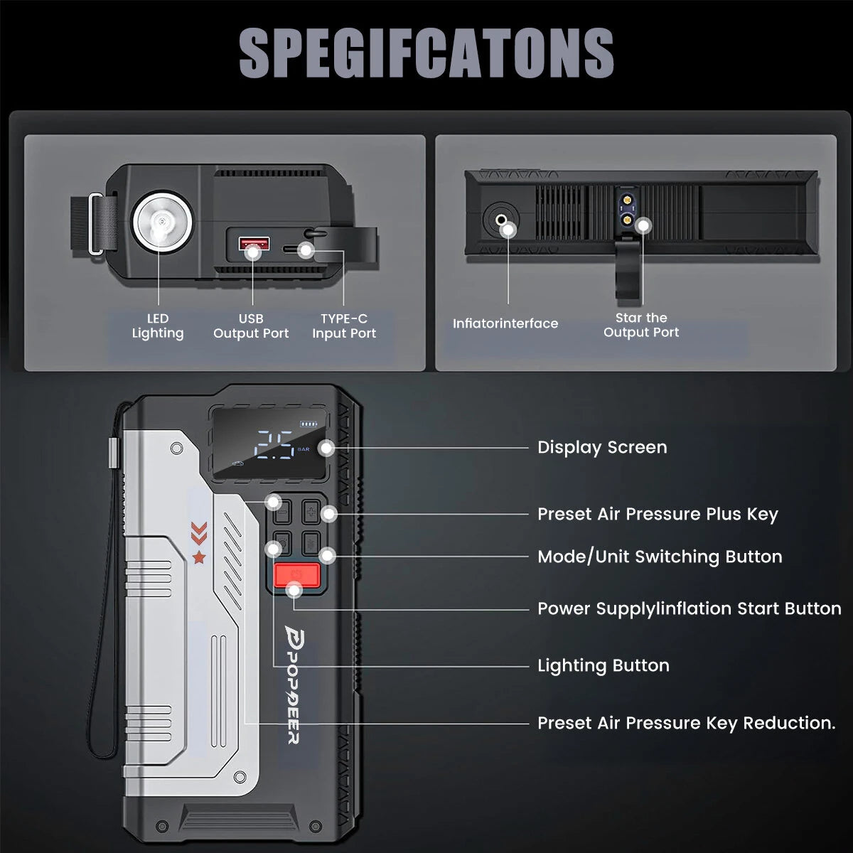 [EU Direct] POPDEER PD-JA1 20000mAh 5000A Professional Portable Car Jump Starter with Air Compressor suitable for gas engines up to 10.0L and 8.0L diesel engines