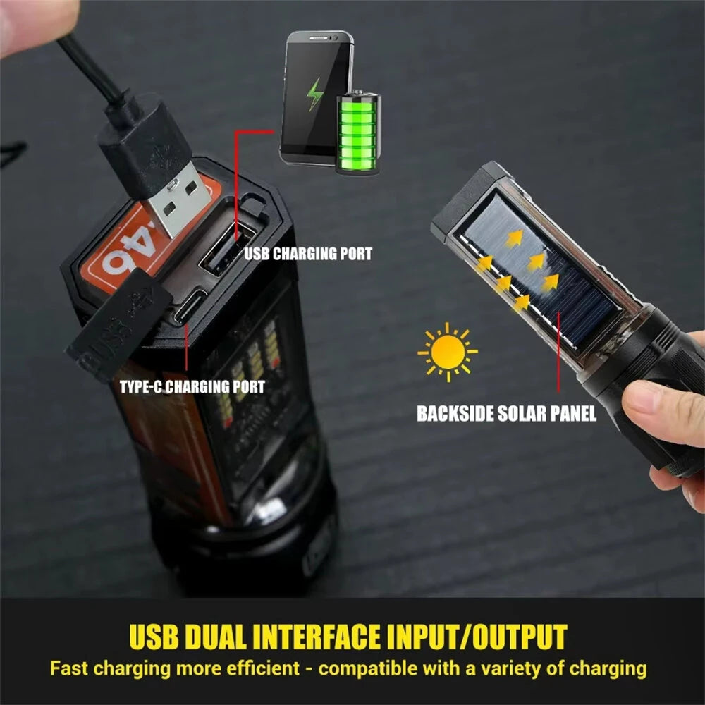 Bikight Multi-function Solar LED Flashlight Telescopic Zoom Torch 6 Modes Light Outdoor Emergency Power Bank LED Solar Lantern