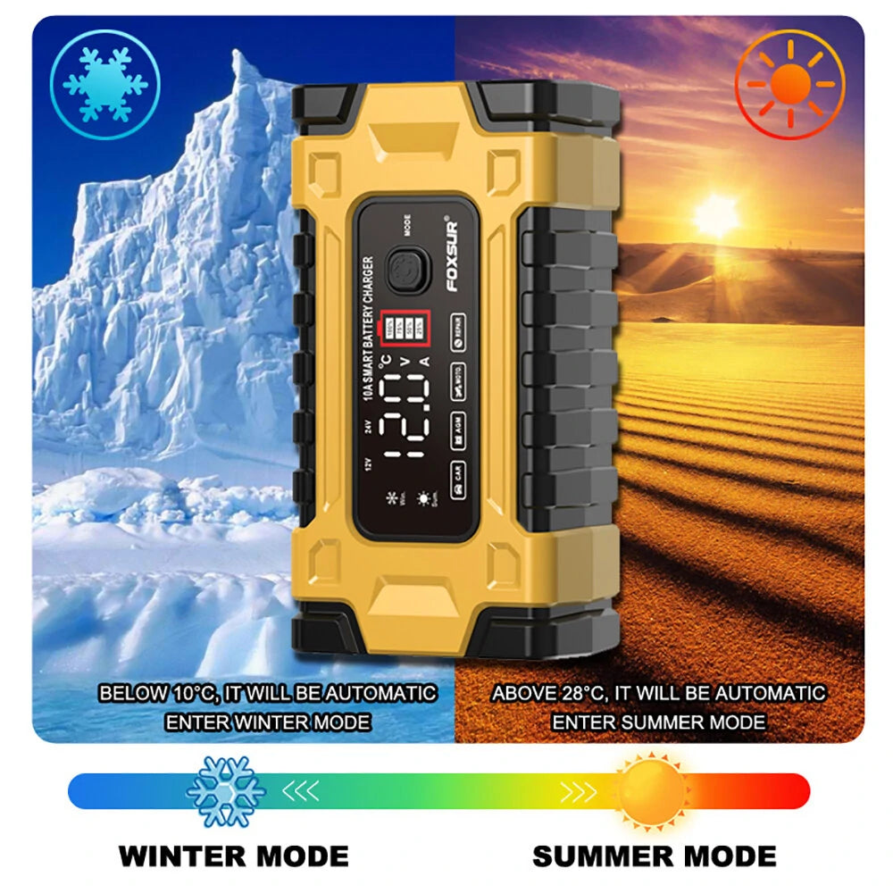 FOXSUR 12V 24V 10A Battery Charger with Intelligent Repair Screen Display for Cars and Motorcycles