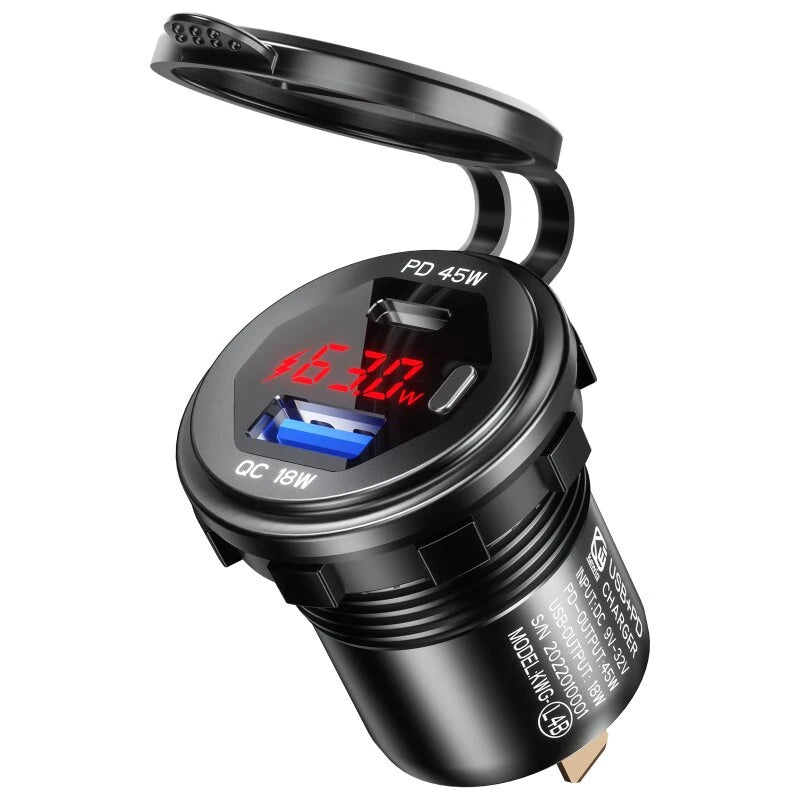 12-24V 63W Metal Car Charger Socket 45W PD + 18W QC3.0 with LED Voltage/Power Display ON/OFF Switch for SUV Motorcycle Truck Boat ATV