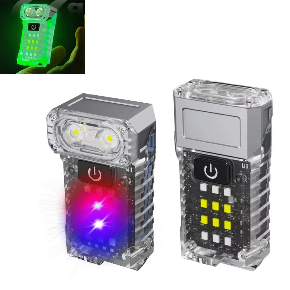 90 Rotatable Dual Light Source Mini LED Flashlight with UV Light COB Sidelight Fluorescent Shell Magnet Tail, USB Rechargeable Pocket Torch Light, Hat Clip Light, Power Display, Portable Work Light for Camping Fishing Walking