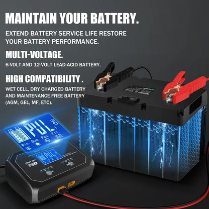 HTRC P10X2 12V 24V 10A Auto Motorcycle Battery Charger AGM Intelligent Repair Dual Channel Smart Car Battery Charger Lithium Lifepo4 Lead-Acid(AGM/Gel/SLA) for Car Boat