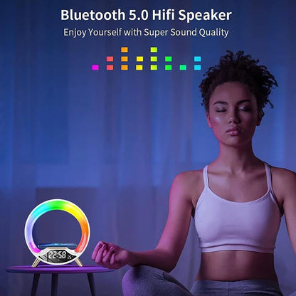 Multifunctional RGB LED Night Light Clock with Bluetooth Speaker Colorful Ambiance Lighting Wireless Charging Phone Fast Charging
