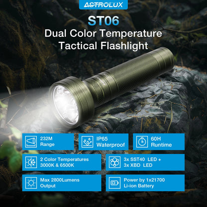 Astrolux ST06 6*LED 2800LM Super Bright Tactical Flashlight with 3000K 6500K Dual Color Temperature, Powered by 21700 Li-ion battery Compact EDC Flashlight Outdoor Outage Portable Mini Torch Survival Tools