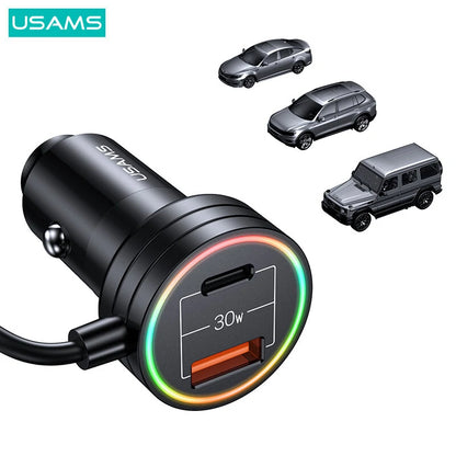 USAMS C33 60W 12-24V Car Charger USB Type C PD Fast Charge Hardware Plastic Belt with Aperture Spring Cable