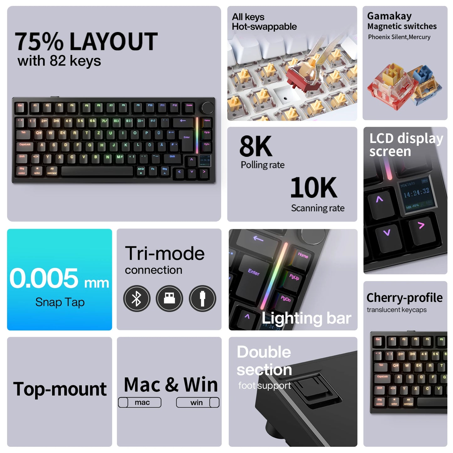 Gamakay TK75HE V2 Hall Effect Tri-mode Magnetic Keyboard 8K Polling Rate 0.005mm RT Accuracy TOP Structure 75% US / DE ISO Layout DIY Customization Wireless Mechanical Gaming