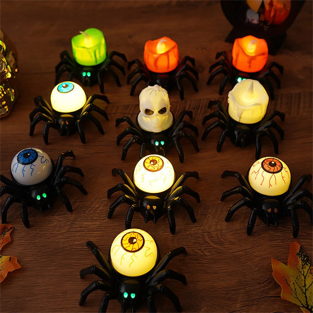 Elfeland 12PCS Halloween Spider Tea Lights with Glowing Eyes LED Flameless Spider Candle Halloween Decors with Skull & Eye Designs for Party Home Scary Atmosphere