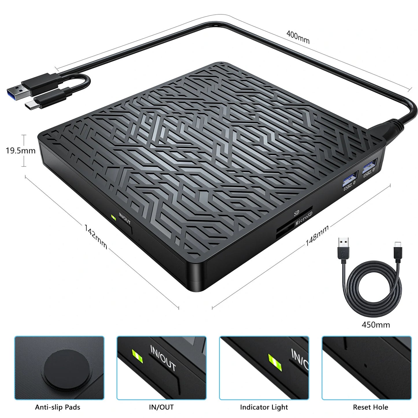 External CD DVD Drive USB 3.0 Type-C CD DVD Writer With SD/TF USB Slots Optical Drive CD DVD Drives For Mac Laptop