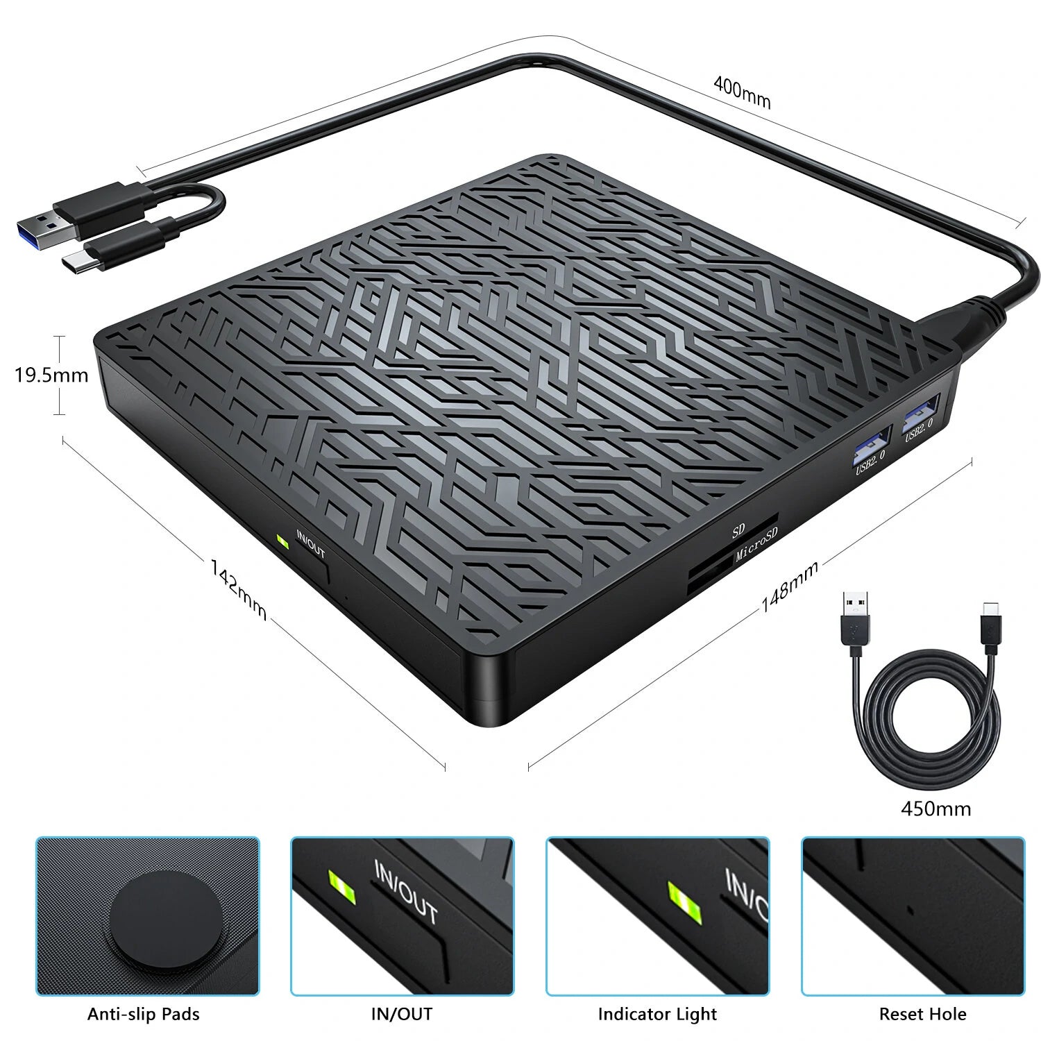 External CD DVD Drive USB 3.0 Type-C CD DVD Writer With SD/TF USB Slots Optical Drive CD DVD Drives For Mac Laptop