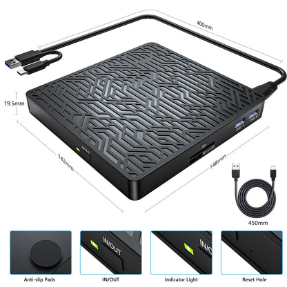 External CD DVD Drive USB 3.0 Type-C CD DVD Writer With SD/TF USB Slots Optical Drive CD DVD Drives For Mac Laptop