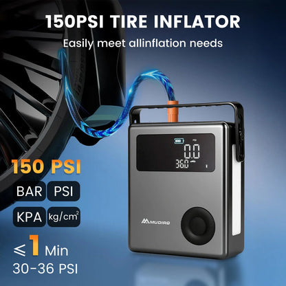 MUDIRO M-JC6 7000A Car Jump Starter with Air Compressor 150PSI PD65W Fast Charge 2 LED Lights Smart Display for Cars Motorcycles 10L Diesel Engines