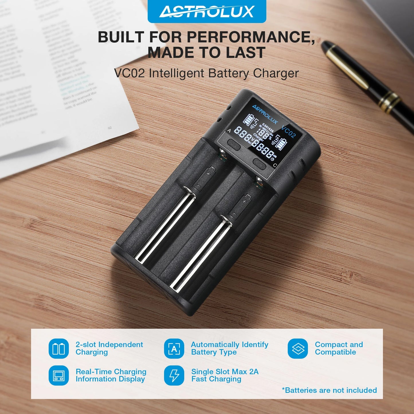Astrolux VC02 Intelligent 2-Slot LCD Battery Charger Type-C 2A Quick Charge Mix-charging of 1.2V Ni-MH/Ni-CD AA/ AAA/ AAAA 3.6V/ 3.7V Li-ion/ IMR/ INR/ ICR 14500/ 18650/ 21700/26650 Battery For Cells Flashlight RC Toys Home Tools