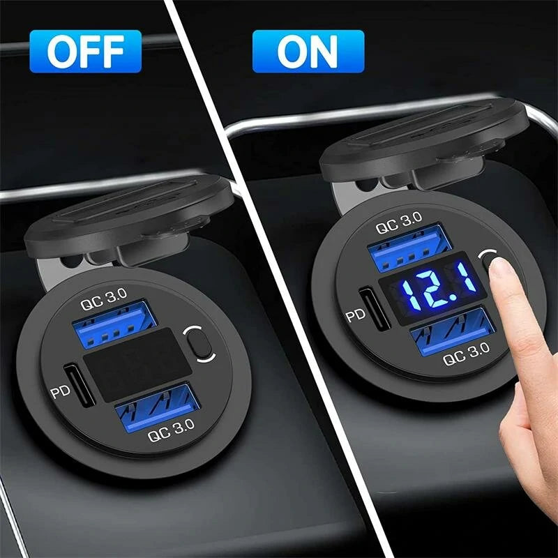 Three Port 12V/24V USB Charger Socket Dual 18W QC 3.0 & 20W PD USB-C For Car Motorcycle With Voltmeter Power Switch