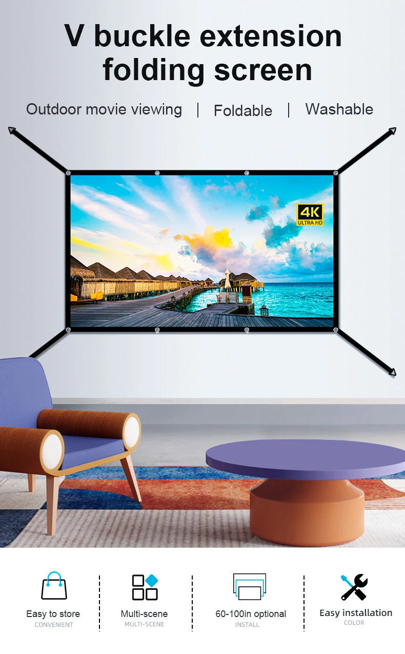 100/120 Inch V Buckle Extension Portable Projector Screen 16:9 4K Compatible 160 Wide Viewing Angle HD Outdoor Indoor Easy Setup Washable Projection Screen for Home Theater Backyard
