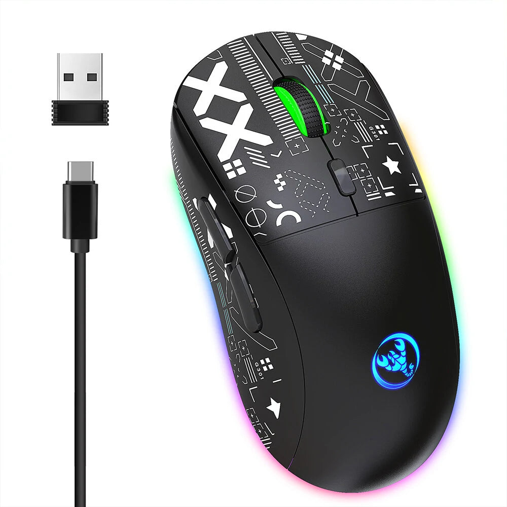 HXSJ T90 2.4G Triple Mode Wireless Mouse 800-3600DPI Adjustable RGB Backlight 750mAh Type-C Rechargeable Gamer Mouse