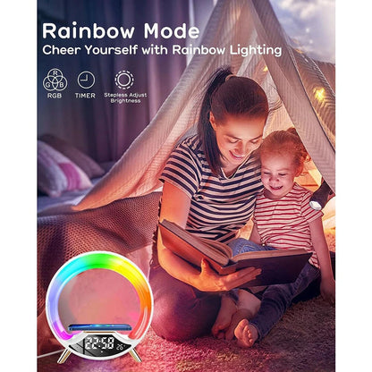 Multifunctional RGB LED Night Light Clock with Bluetooth Speaker Colorful Ambiance Lighting Wireless Charging Phone Fast Charging