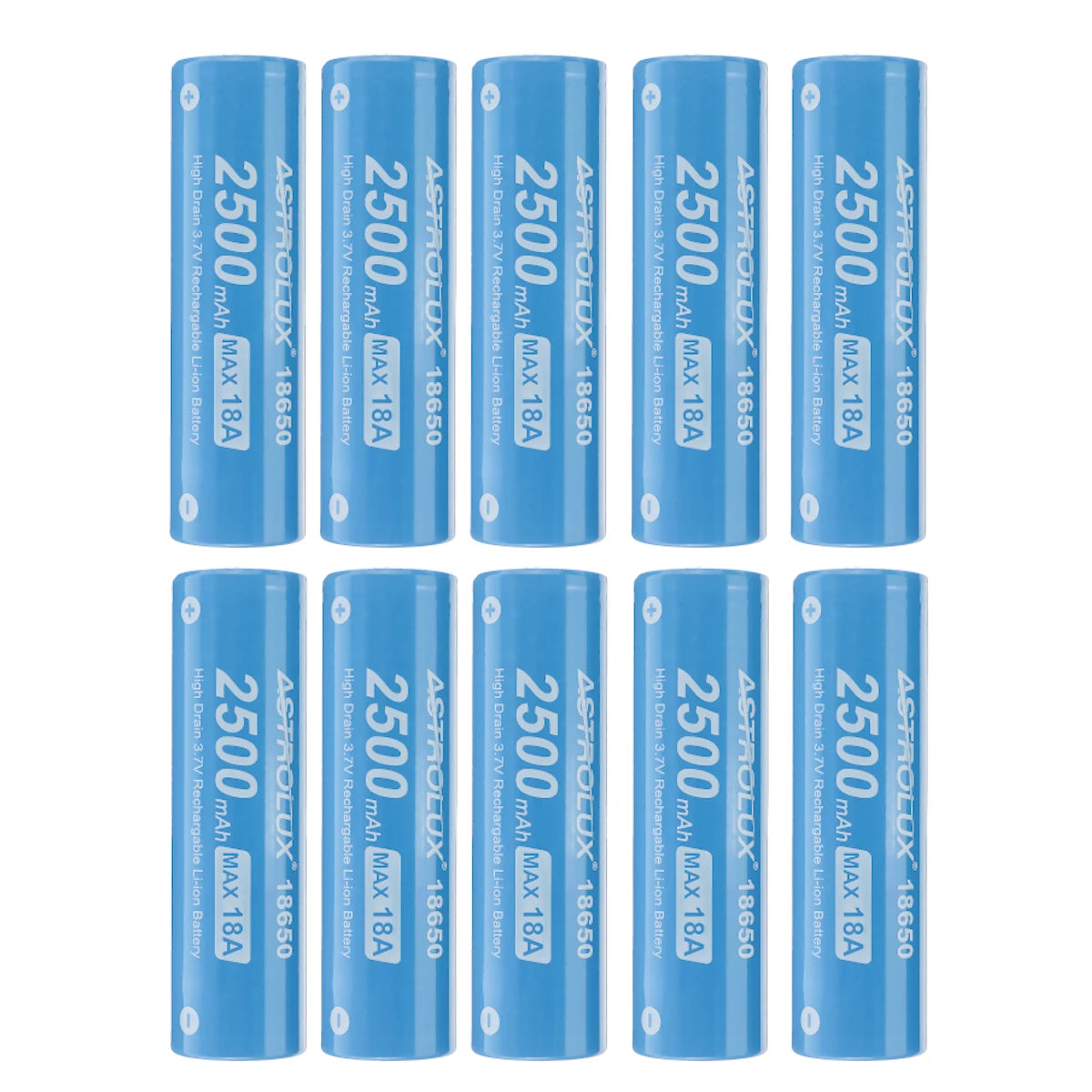 10Pcs Astrolux E1825 18A 2500mAh 3.7V 18650 Li-ion Battery Unprotected High Drain Rechargeable Lithium Power Cell For Astrolux Nitecore Lumintop Fenix Olight Flashlights RC Toys Home Tools