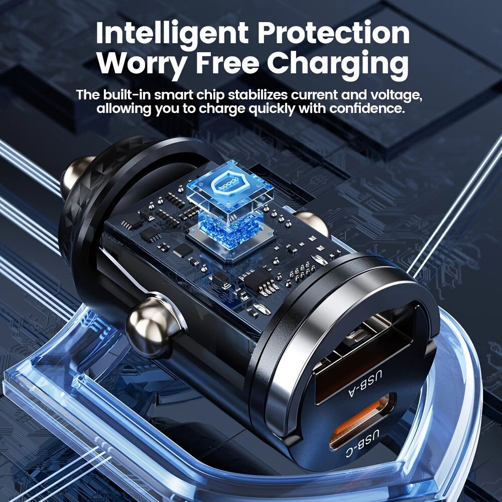 Toocki 33W Car Charger USB-A+USB-C Dual Output Supports PD/QC3.0 Mini Ring Design for iPhone15/iPhone14/iPhone13/iPhone12/ Pad Pro/Air/Mini series/GPS/Driving Recorder