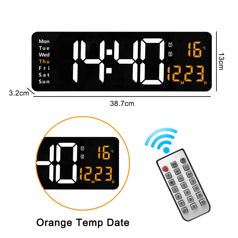 AGSIVO 16 Inch Digital Wall Clock Large LED Display with Remote Control / Automatic Brightness / Indoor Temperature / Date / Week / 12/24H For Home Office Classroom
