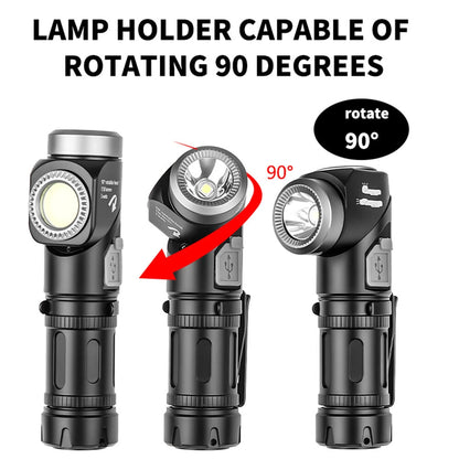 Multi Functional Strong Light Clip-on Headlight Magnetic Rotating L-shape Flashlight Work Light Magnetic Tail Outdoor Portable Torch 90-Degree Adjustable Corner Work Light For Hiking