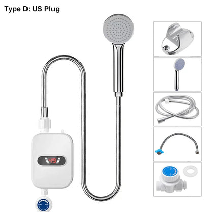 Tevorex 3000W/3500W Portable Mini Water Heater 110V/220V Instant Electric Heater IPX4 Waterproof Adjustable Temperature for Shower EU/UK/US Plug