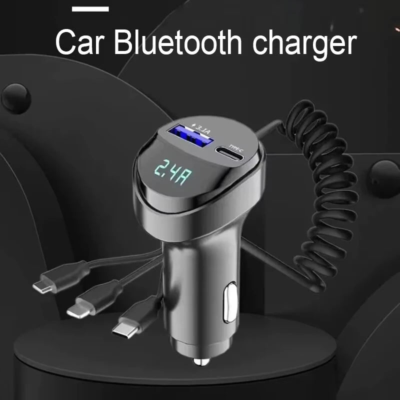 3 In 1 Car Multi-function 2 Ports 55W USB Car Charger Fast Charging USB Retractable Charging Cable with Voltage Display