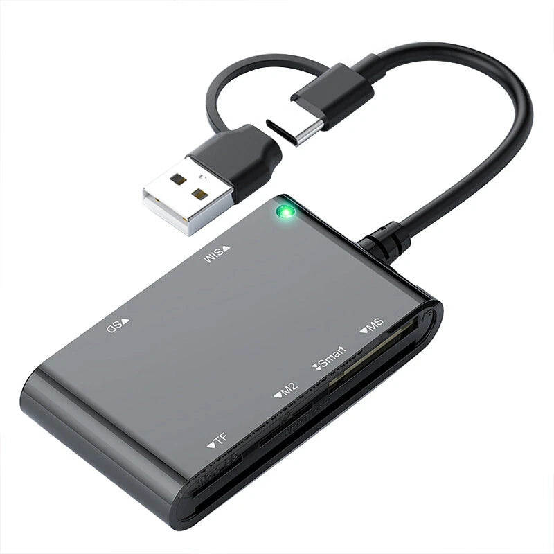 Rocketek CR375-B 6-in-1 Smart Card Reader for Smart SIM SD TF M2 MS Cards with USB-A/USB-C Interface Plug and Play