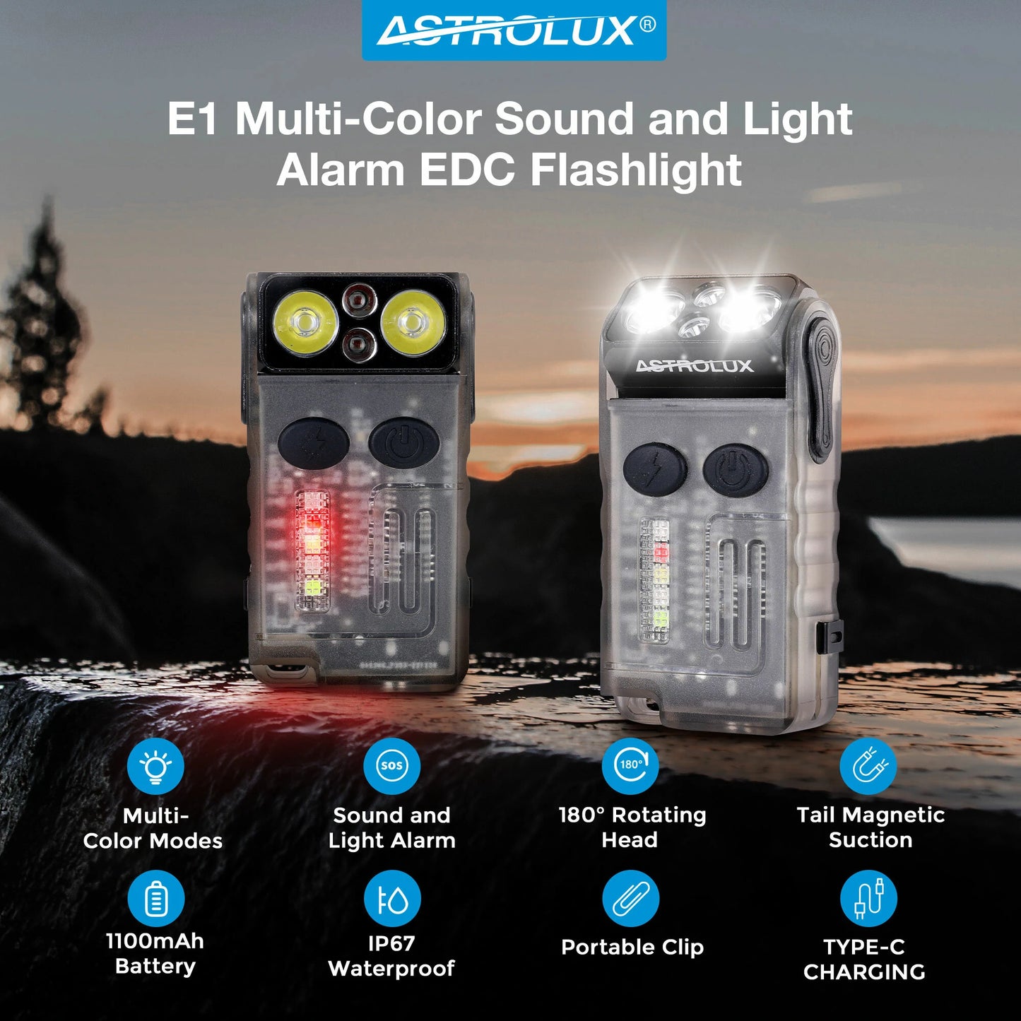 Astrolux E1 1000 Lumens EDC Keychain Flashlight with Sound Alarm RGB Light 1100mAh 180 Rotation Mini Tactical LED Floodlight Type-C USB Fast Chargring IP67 Powerful Work Lamp for Outdoor Protection, Walking, Running, Hiking and Camping
