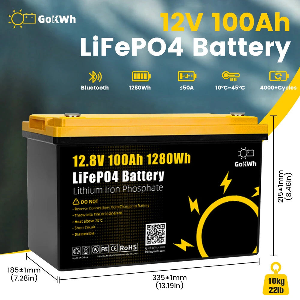 Gokwh 12V 100AH LiFePO4 Lithium Battery 1280Wh Energy Storage Box Battery Pack Series Built-in Smart bluetooth  BMS