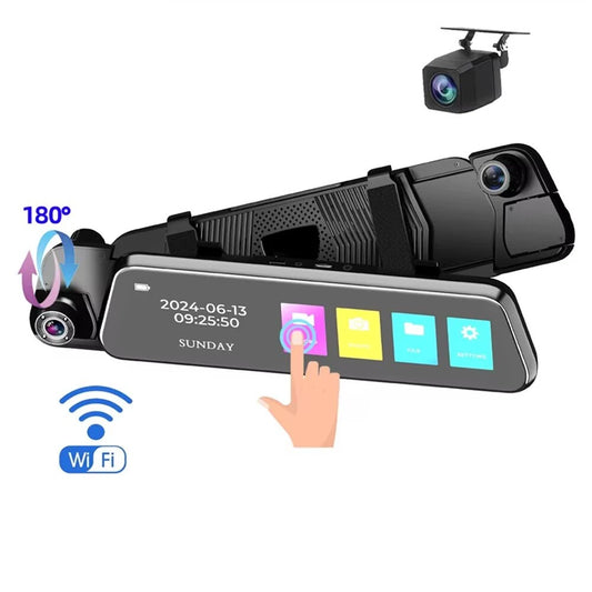 9.66 Inch Car Dash Camera Three-Way Recording 1080P Front 720P Interior 720P Rear Wide Angle WiFi G-Sensor 128GB Support H.264 Video Compression