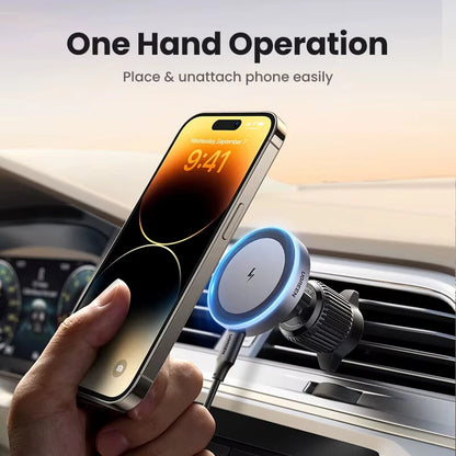 UGREEN Magnetic Car Phone Holder Wireless Charger Stand for Magsafe Car Charger LED Light for iPhone 16 15 14 Pro Max Charging