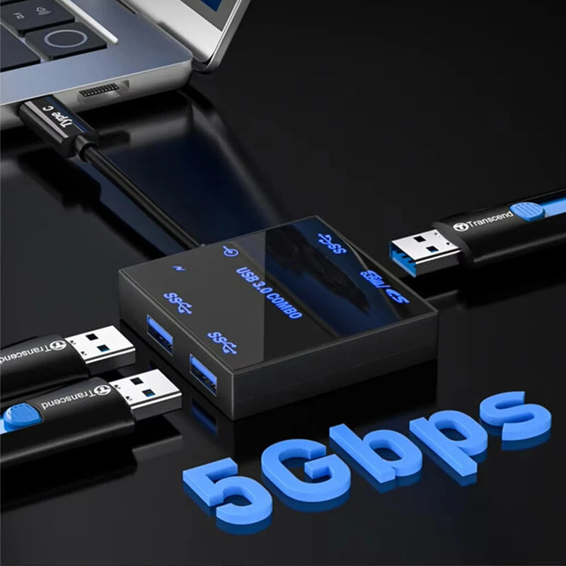 5-in-1 Type-C Docking Station with USB3.0*3 / TF&SD Card Reader Slot Multiports External Hubs Adapter with LED Backlight for PC Laptop Computer