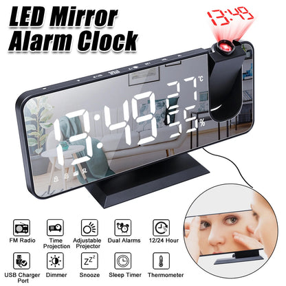 LED Mirror Alarm Clock Big Screen Temperature and Humidity Display with Radio and Time Projection Function Electronic Clock Rechargeable
