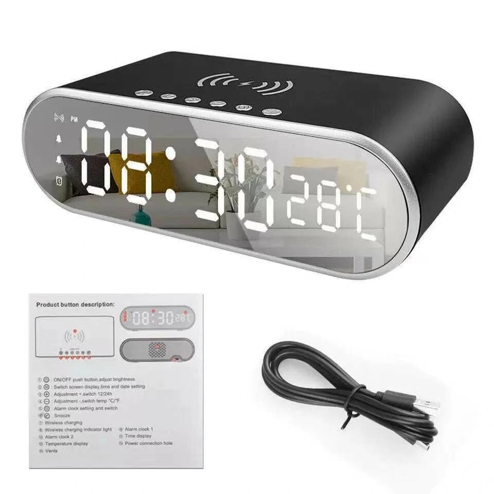 LED Mirror Digital Alarm Clock Support Phone Wireless Charging 2 Alarm Group Snooze Function Real-Time Temperature